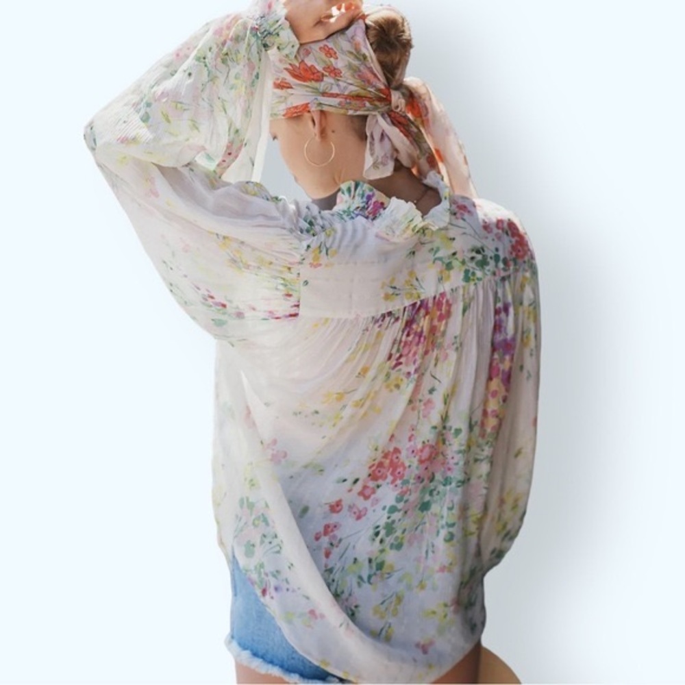Anthropologie White Floral Tie-Front Blouse - Picture 13 of 13